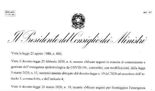 Emergenza "Coronavirus" - Decreto del Presidente Consiglio dei Ministri del 26.04.2020