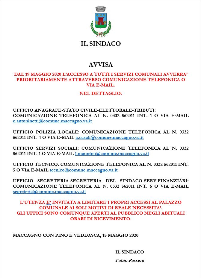  Nuove modalità di accesso agli Uffici comunali