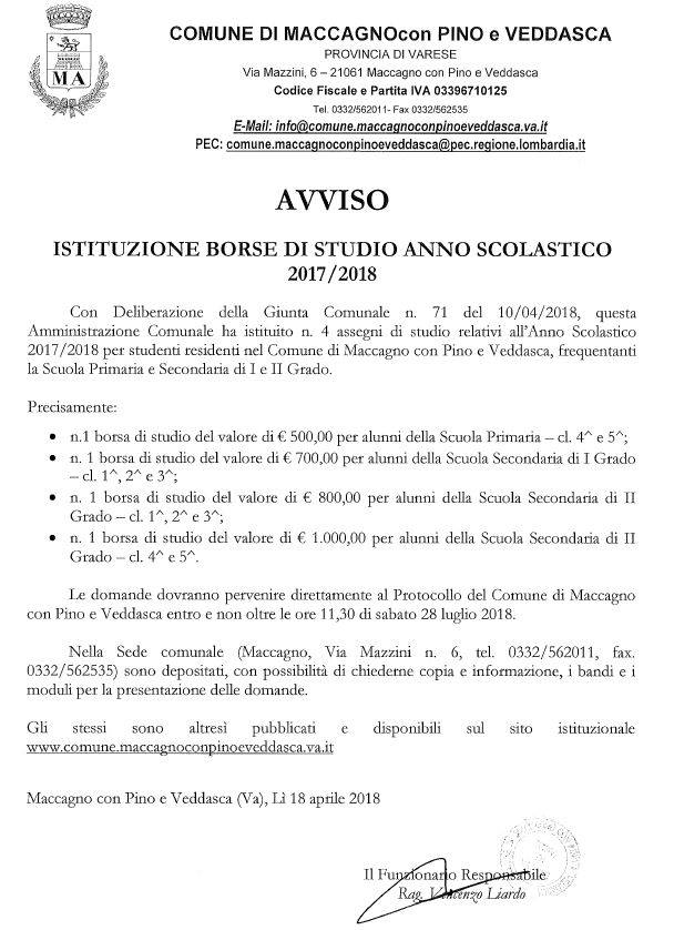 Istituite le Borse di studio per gli alunni maccagnesi