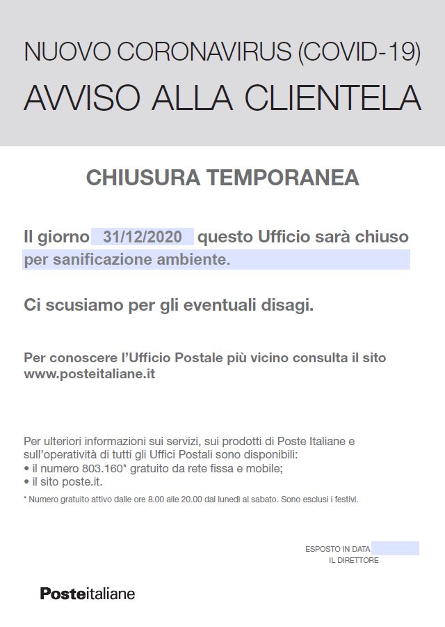 Chiusura Ufficio Postale di Maccagno per sanificazione